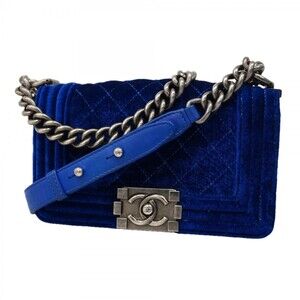 Chanel Shoulder Bag Boy Chain Velvet Blue Women's